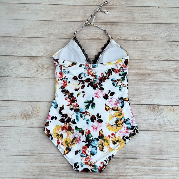 Women's Black Lace One-Piece Swimsuit Deep V Halter Open Back Size L - Picture 3 of 16